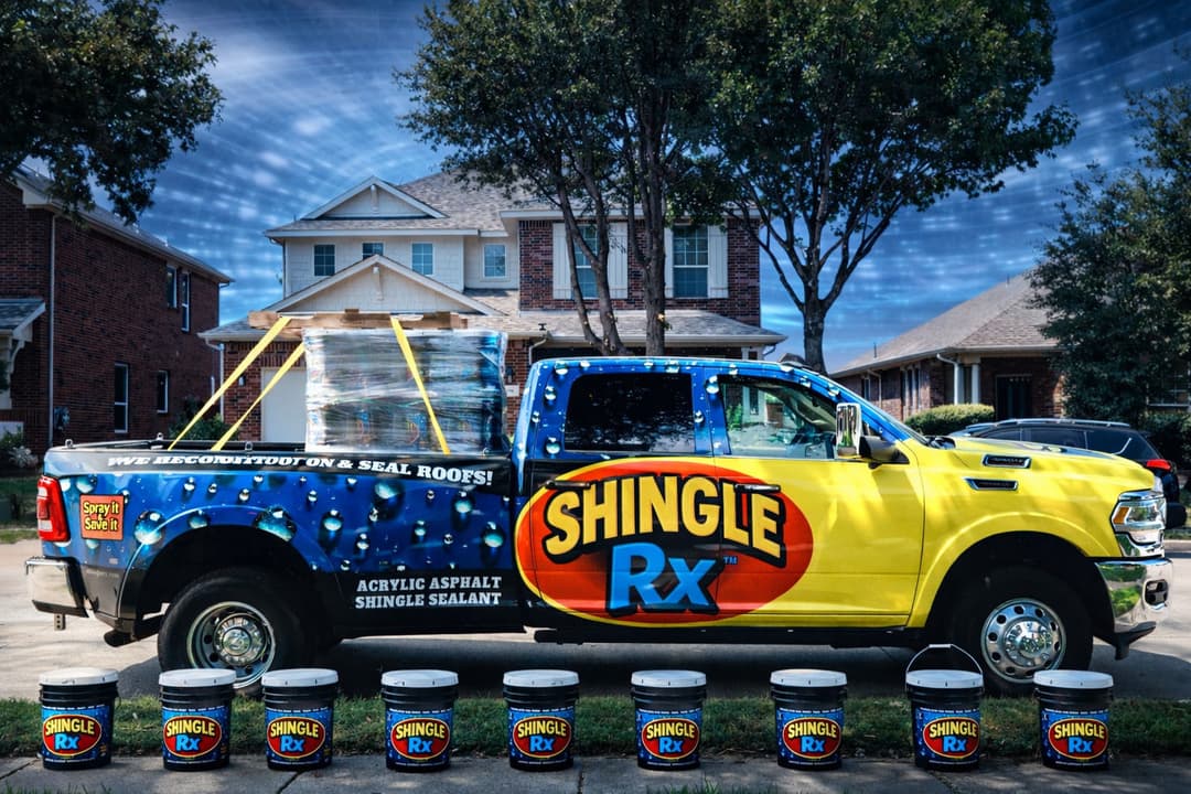 Shingle Rx truck with roofing materials parked outside a home, showcasing sealant products.