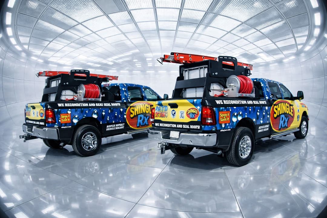 Two branded pickup trucks showcasing ShingleRx with bright graphics and equipment.
