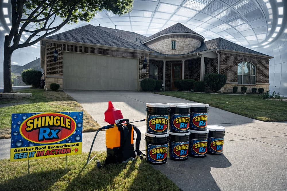 House with Shingle Rx roofing products and a sprayer on the driveway, showcasing roof restoration.
